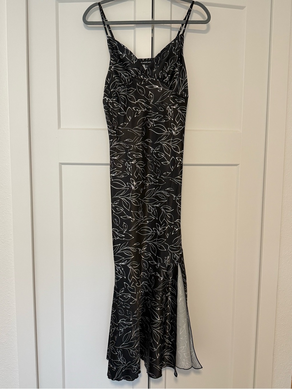 bebe Black Slip Jumpsuit with White Leaf Print